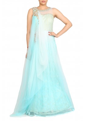 Net Aqua Blu With Diamond Work Neck Line  And Yock Resham And Zari Work  Only At Bawree