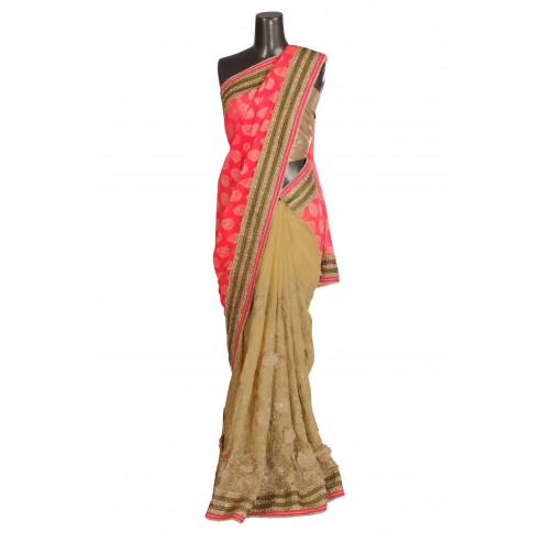 Beige and Pink half and half saree with golden border Only On Bawree