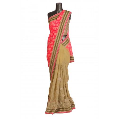 Beige and Pink half and half saree with golden border Only On Bawree