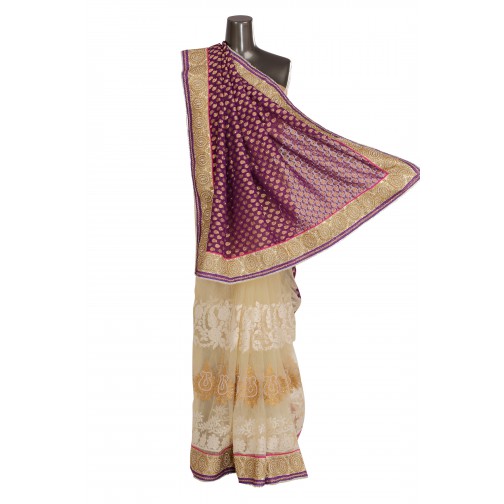 Beautiful Half and Half beige and purple Saree with Resham work Only On Bawree