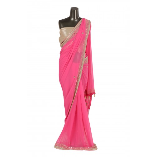 Beautiful pink color saree with mirror work all over Only On Bawree