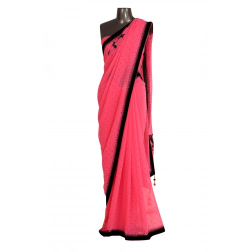 Pink Saree with black Border with Tilkki all over Only On Bawree