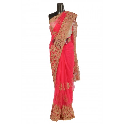 Pink Saree with resham wor and tikki work Only On Bawree