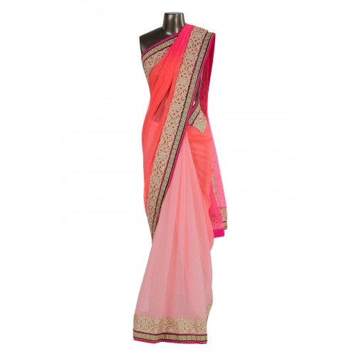 Half and half Pink and Peach color saree with Tikki all over Only On Bawree