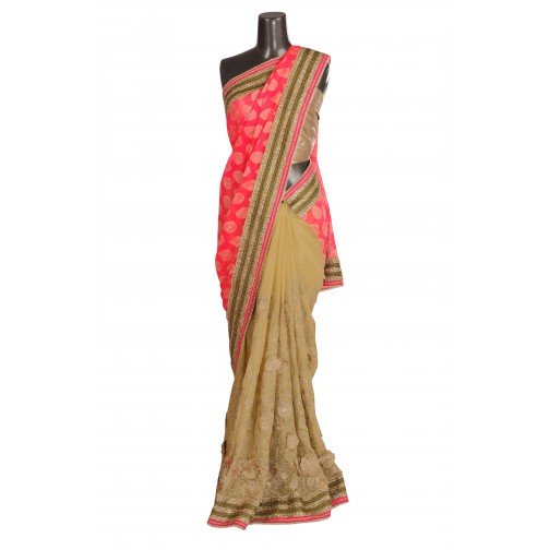 Beige and Pink half and half saree with golden border Only On Bawree
