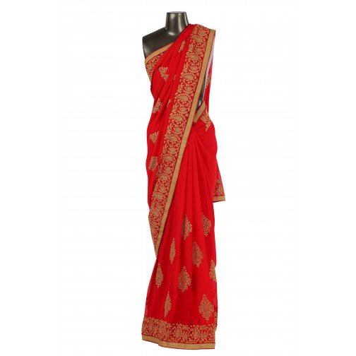 Red saree with hand zari work on border Only On Bawree
