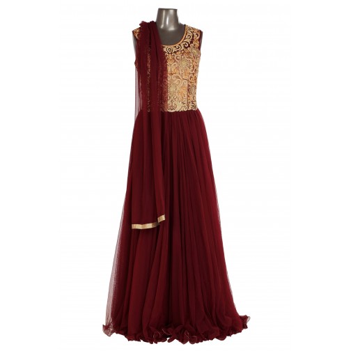 Rich Brown and gold combination Gown with heavy diamond and Resham work Only On Bawree
