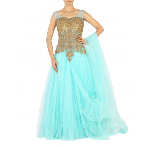 Beautiful Aqua greena and Gold color combination Gown