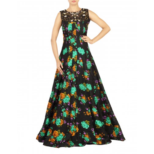 Printed black raw silk Gown with dori work on neck