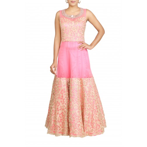 Pink Net Gown With Mirror Broad Neck All Over Resham And Gold Dori Flower Work Only At Bawree
