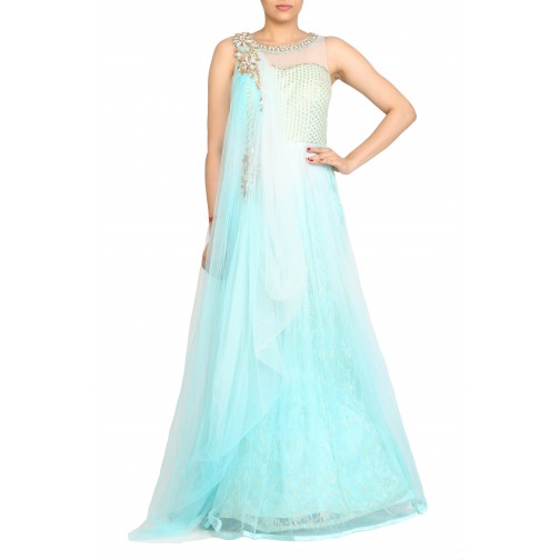 Net Aqua Blu With Diamond Work Neck Line  And Yock Resham And Zari Work  Only At Bawree