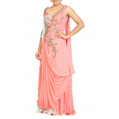 Pink Lycra Gown With Fancy Cut Digital Print Highlighted In Yoke With Stone And Resham Work Only At Bawree