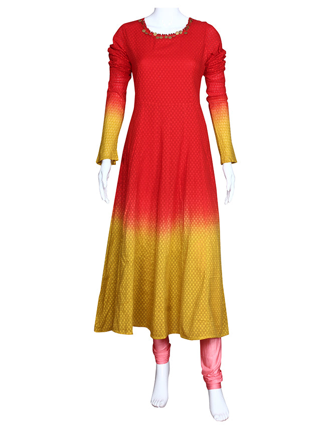 Red and mustard yellow shaded kalidar kurti with metal sequins